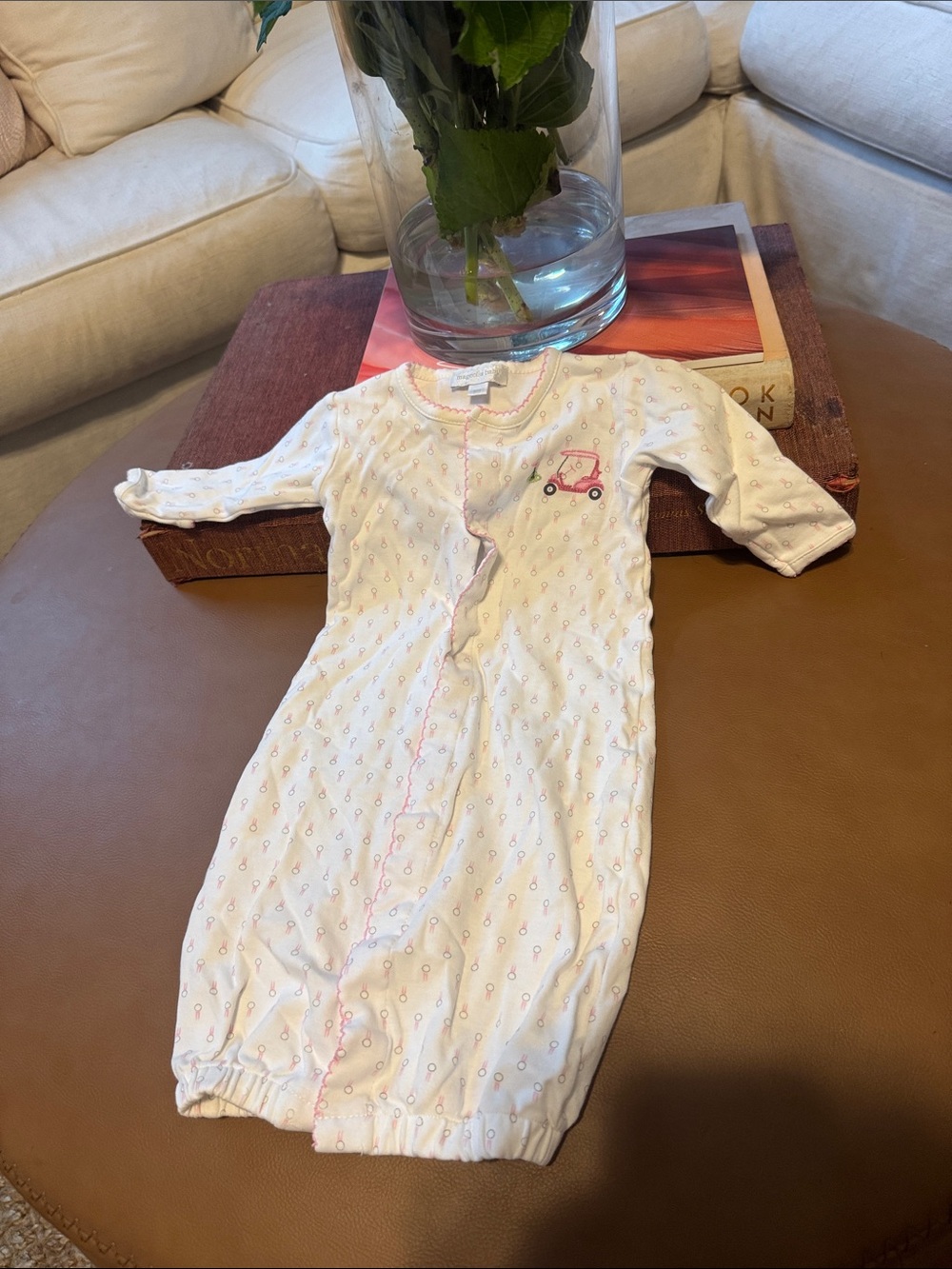 Infant White and Pink Sleep Sack Gown with golf cart